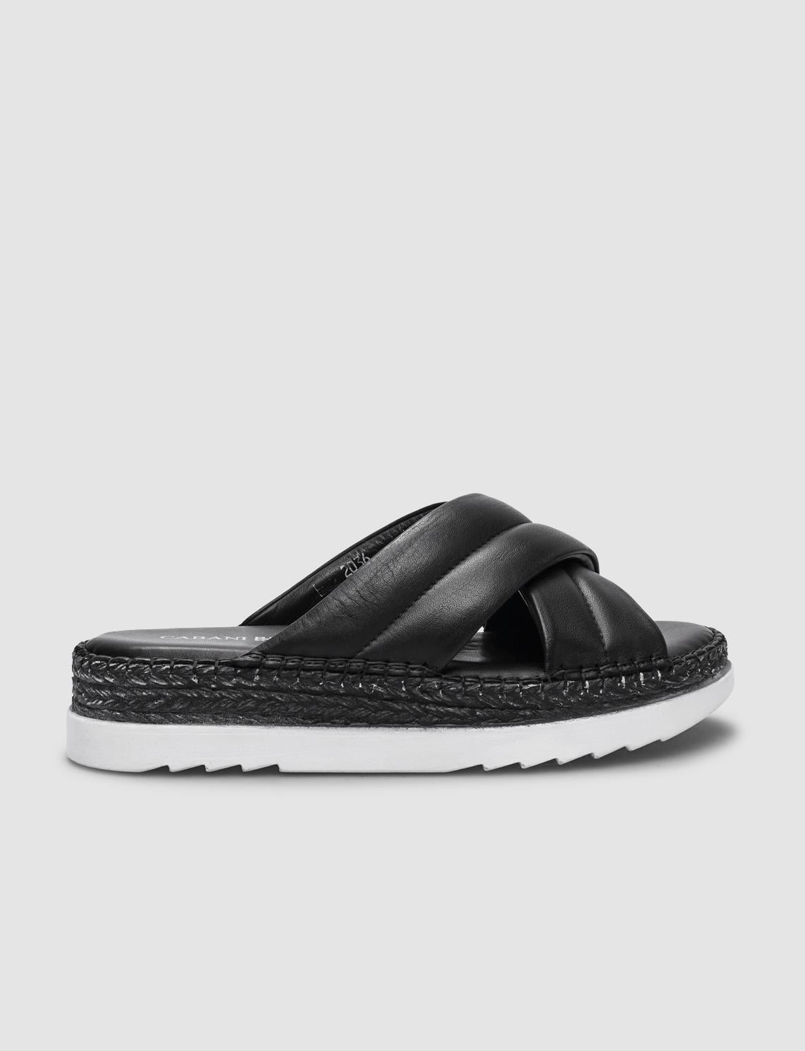 100% Genuine Leather Black Cross Strap Women's Slippers
