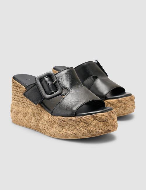 100% Genuine Leather Black Platform Heel Women's Slippers