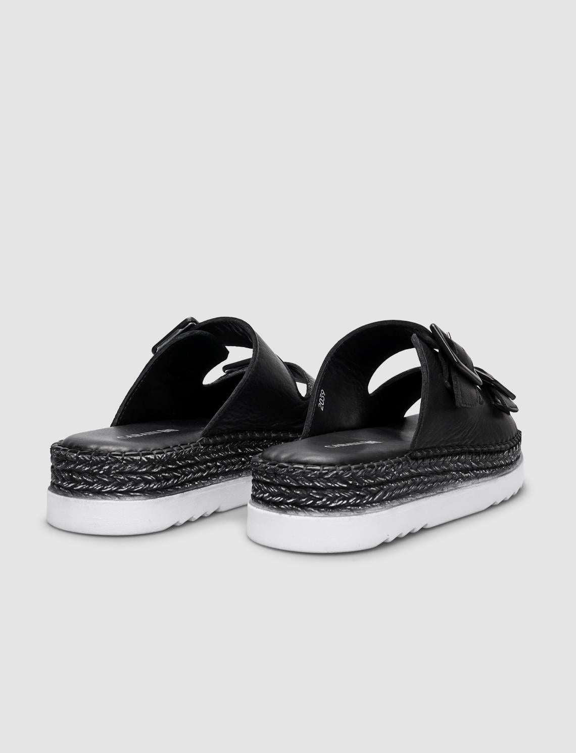 100% Genuine Leather Black Double Buckle Women's Slippers