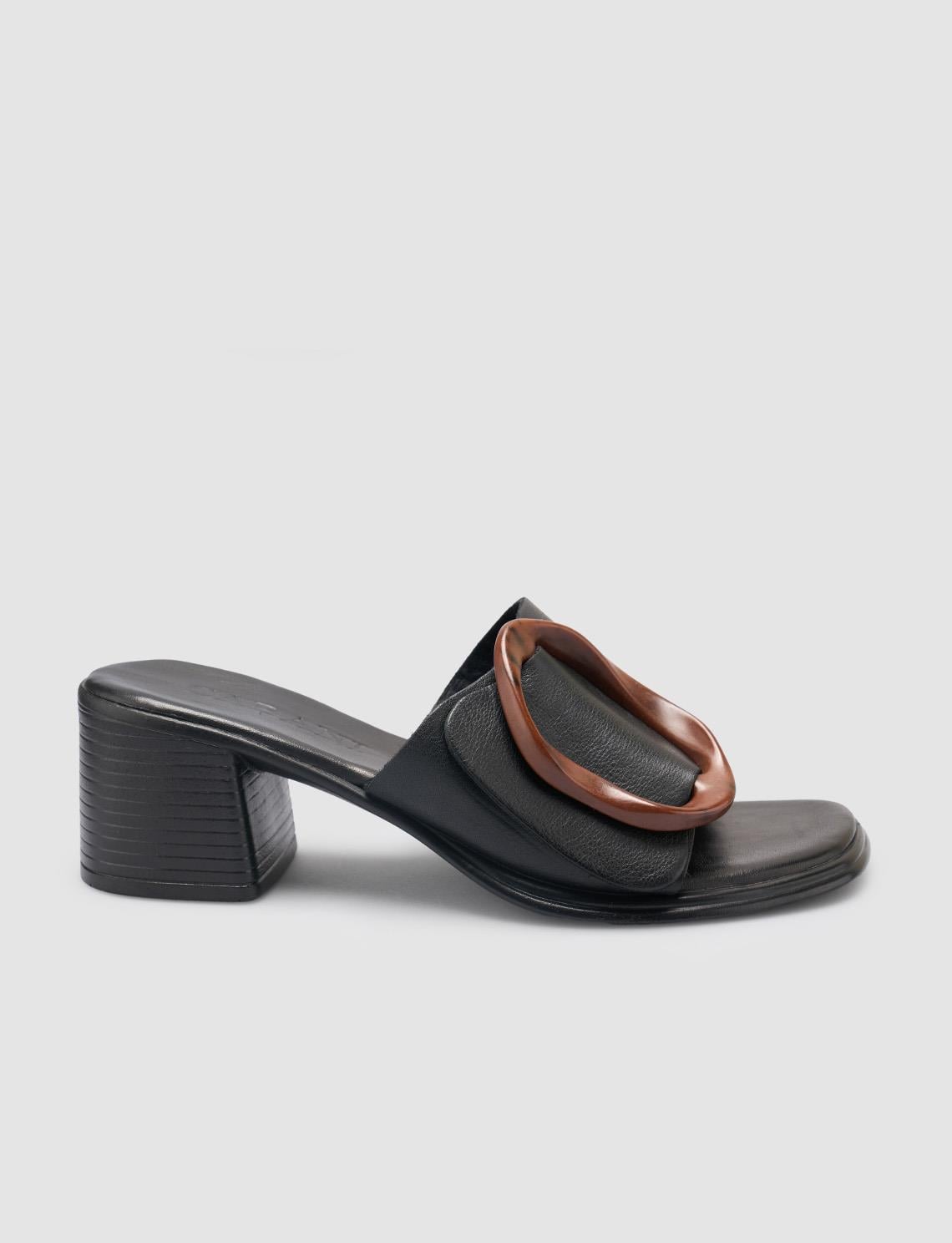 100% Genuine Leather Black Women's Slippers with Buckle Detail