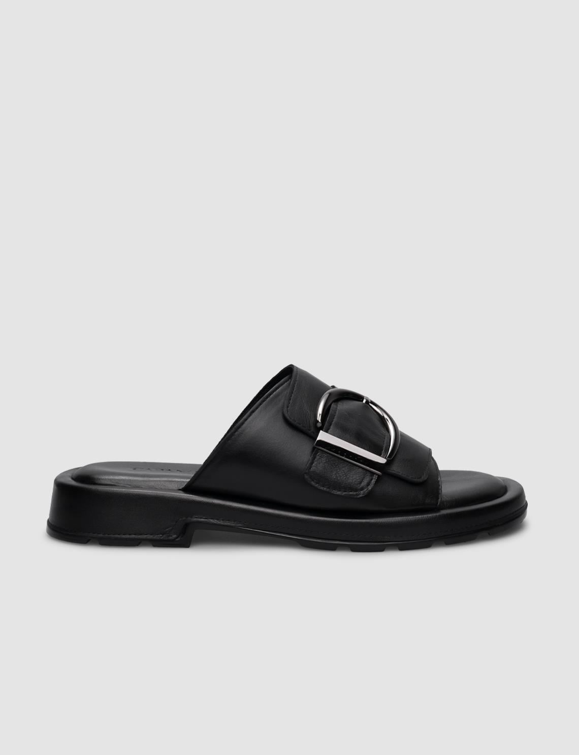 100% Genuine Leather Black Buckle Women's Slippers