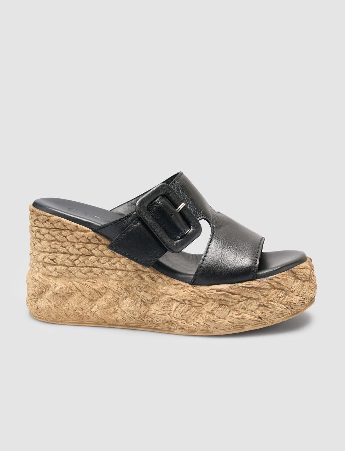 100% Genuine Leather Black Platform Heel Women's Slippers
