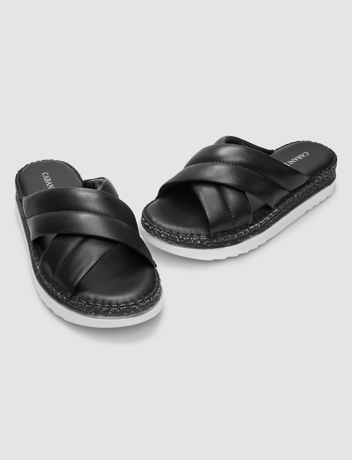 100% Genuine Leather Black Cross Strap Women's Slippers