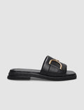 100% Genuine Leather Black Buckle Detail Women's Slippers