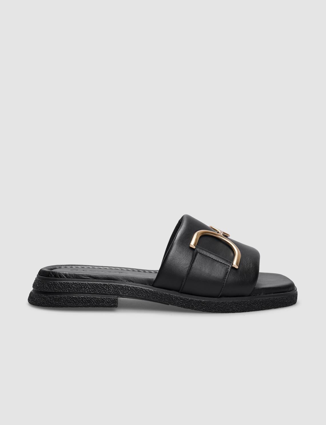 100% Genuine Leather Black Buckle Detail Women's Slippers