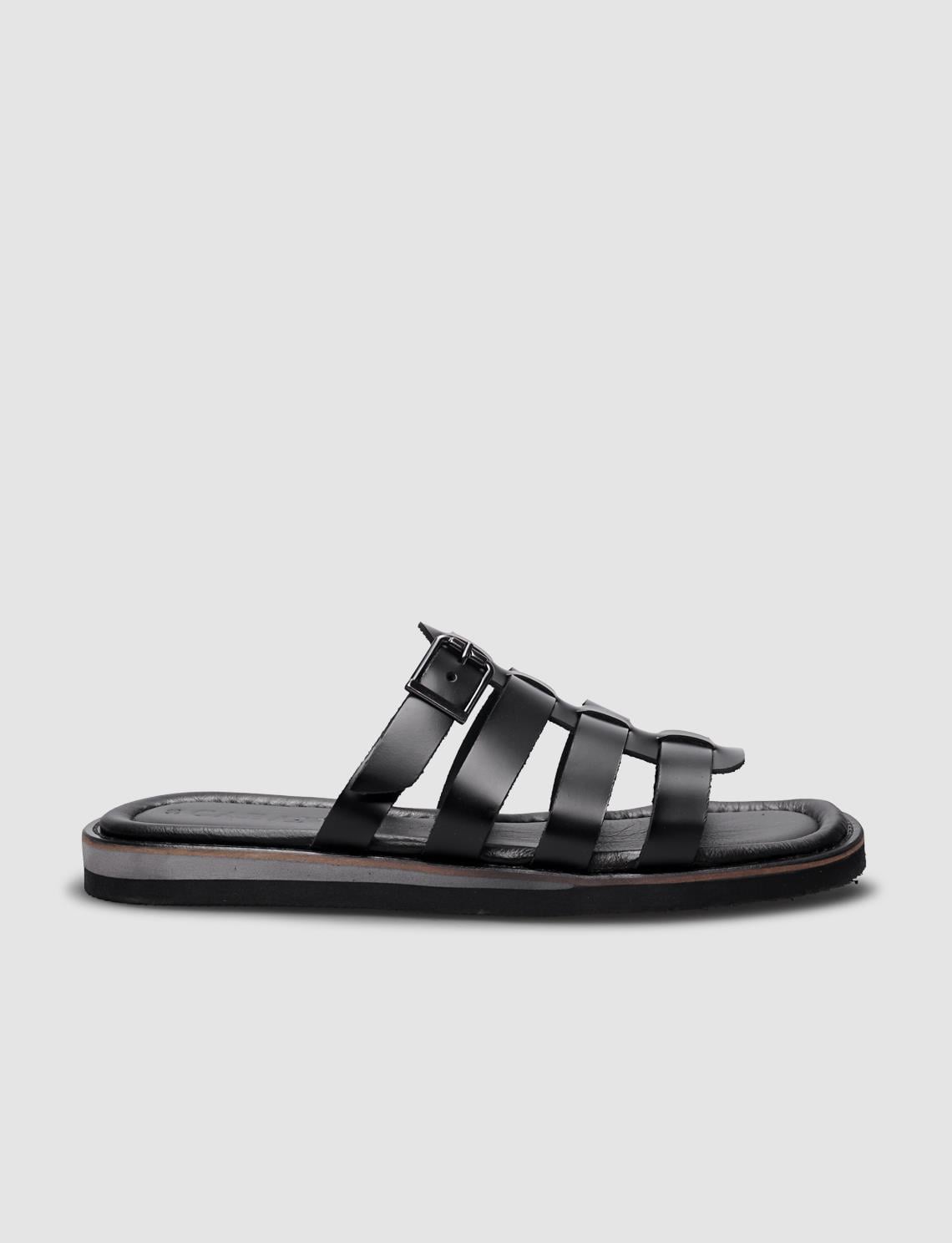 100% Genuine Leather Black Women's Flat Slippers with Side Buckle