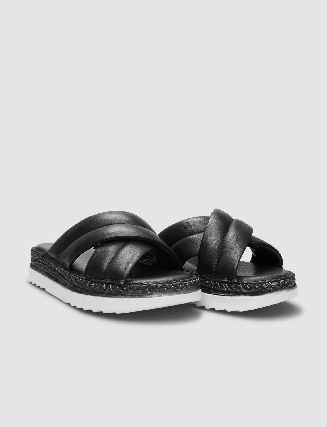 100% Genuine Leather Black Cross Strap Women's Slippers