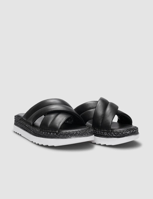 100% Genuine Leather Black Cross Strap Women's Slippers