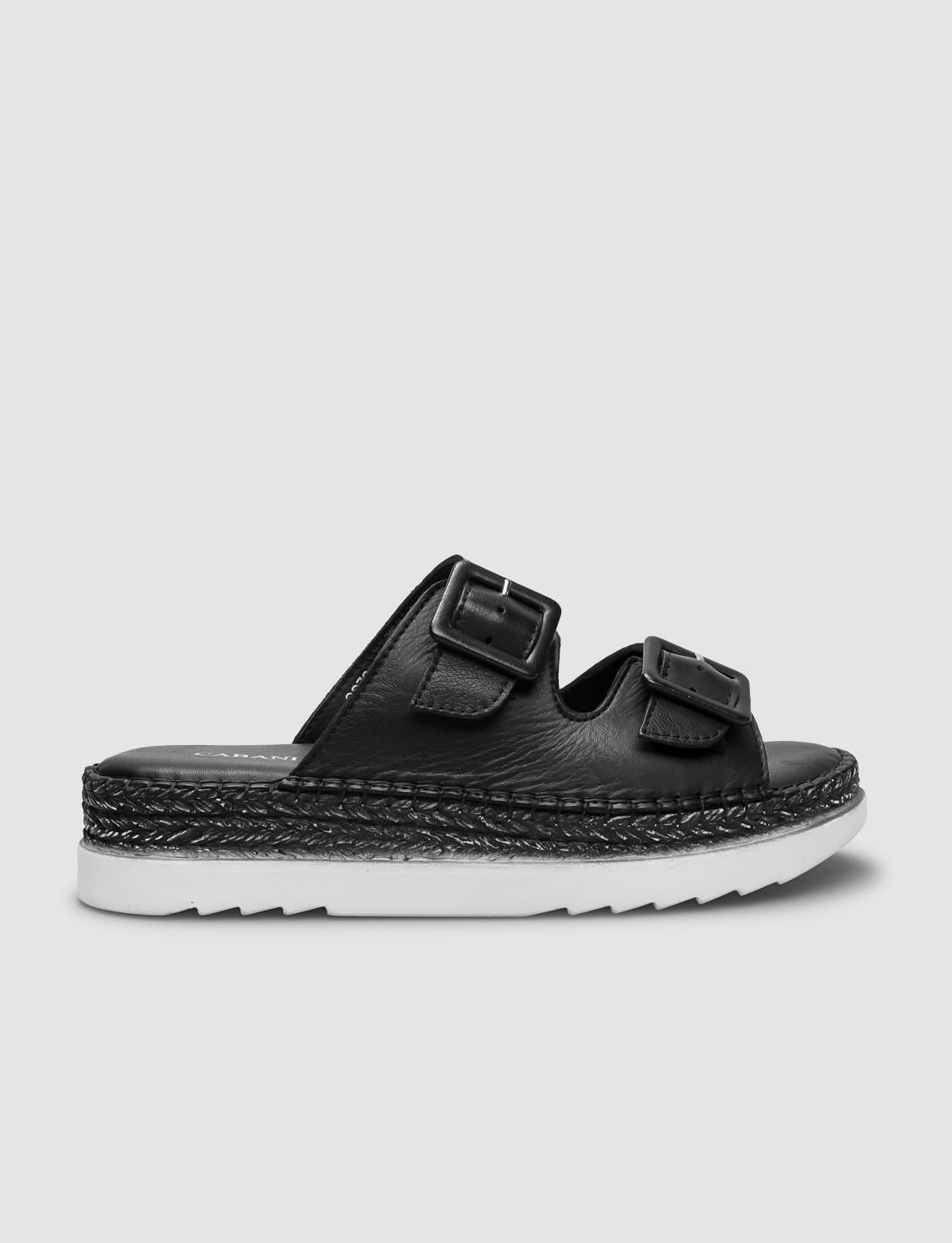100% Genuine Leather Black Double Buckle Women's Slippers