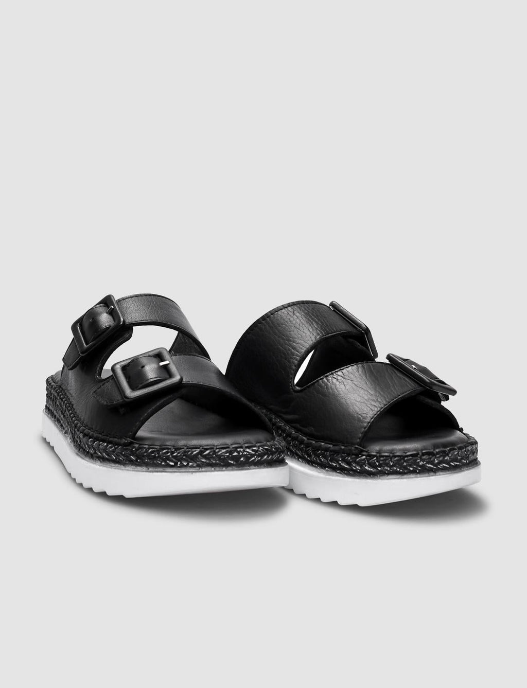 100% Genuine Leather Black Double Buckle Women's Slippers