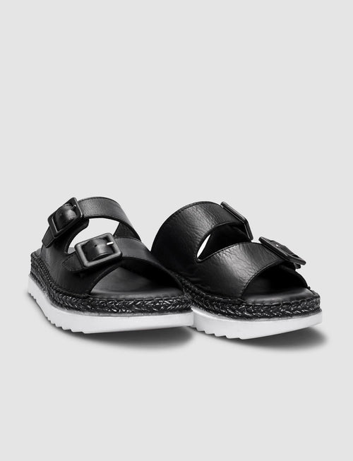 100% Genuine Leather Black Double Buckle Women's Slippers