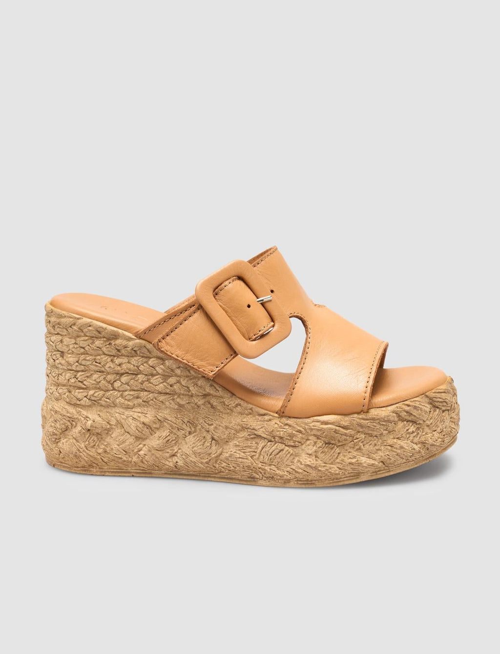100% Genuine Leather Tan Platform Heel Women's Slippers