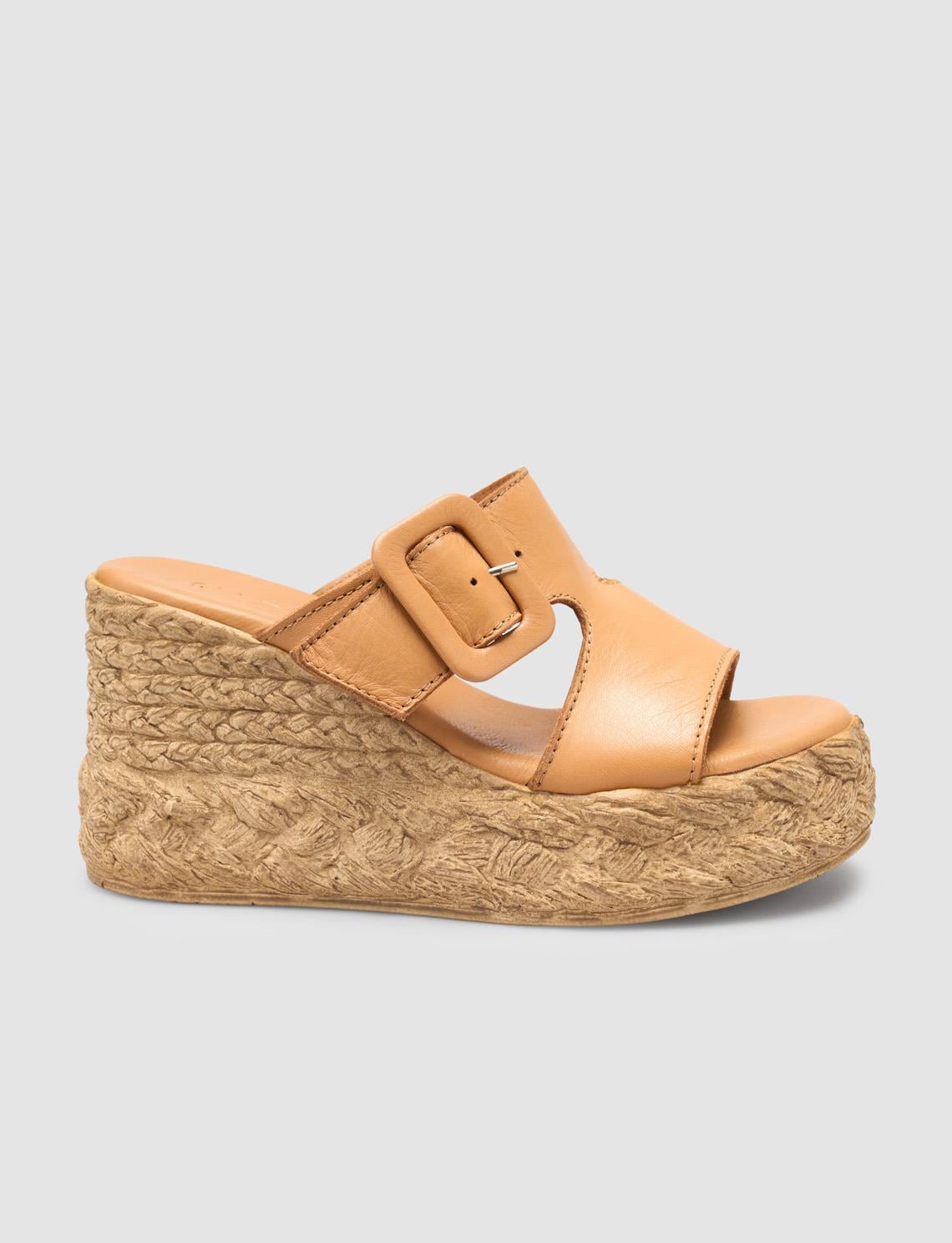 100% Genuine Leather Tan Platform Heel Women's Slippers