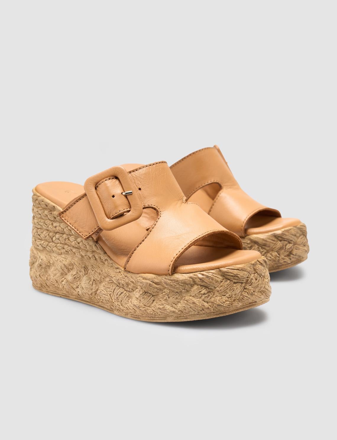 100% Genuine Leather Tan Platform Heel Women's Slippers