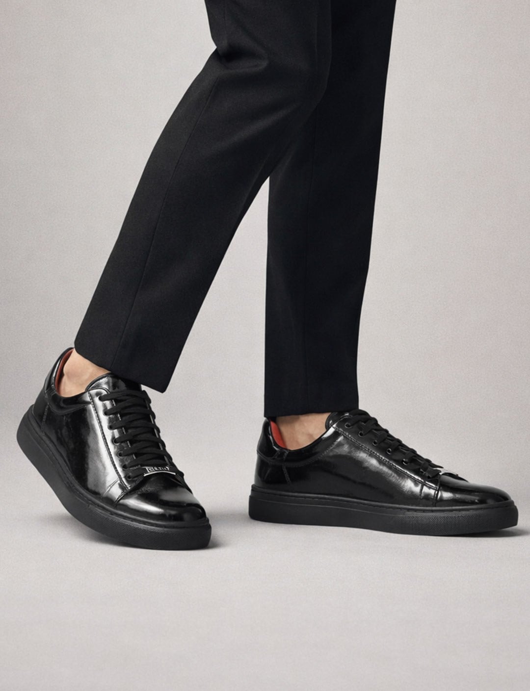 100% Genuine Soft Patent Leather Black Lace-up Men's Athletic Shoes
