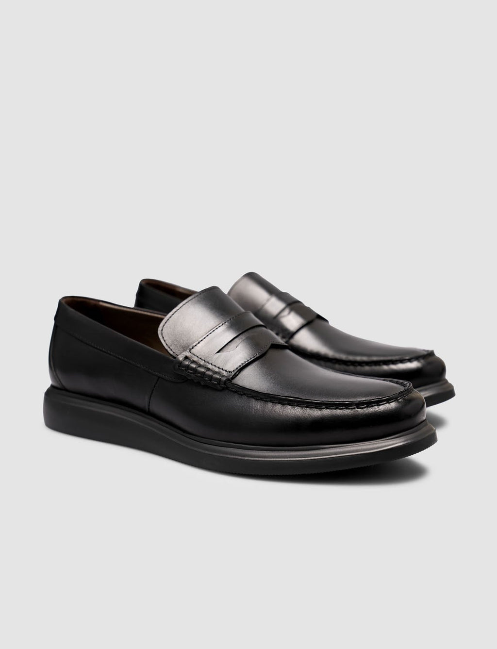 Genuine Leather Textured Black Belted Men's Casual Loafer Shoes