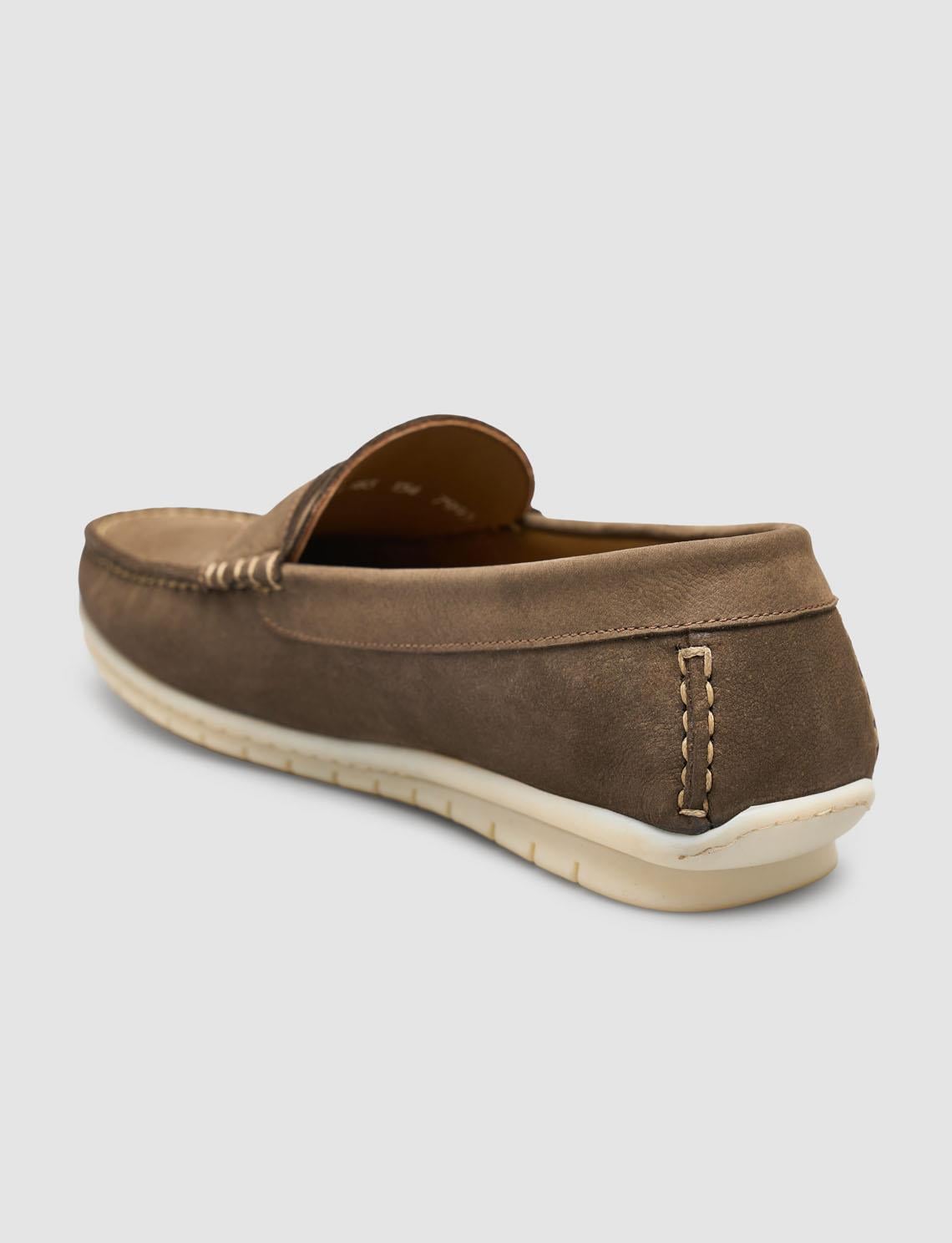 Genuine Leather Khaki Men's Casual Shoes with Belt Detail