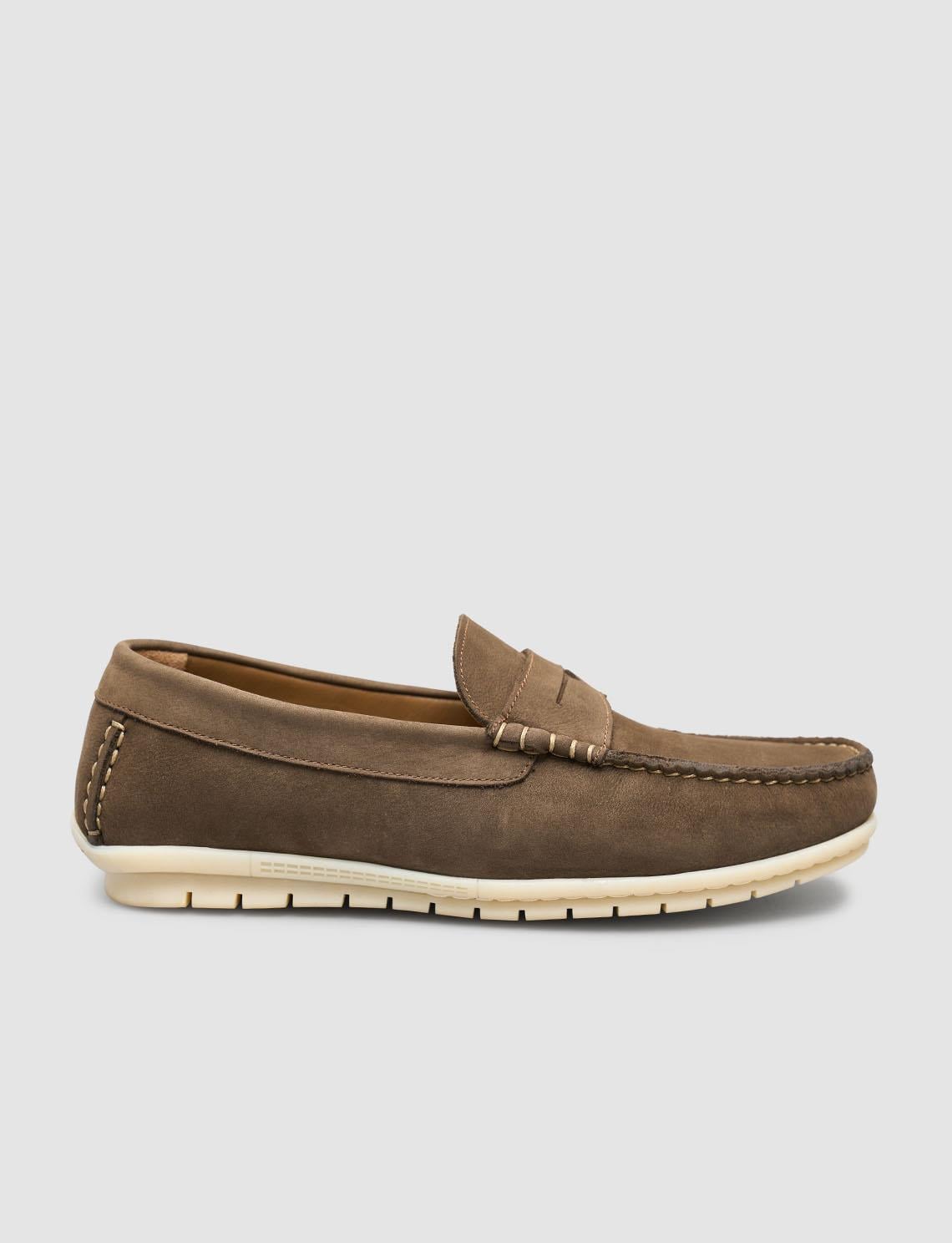 Genuine Leather Khaki Men's Casual Shoes with Belt Detail