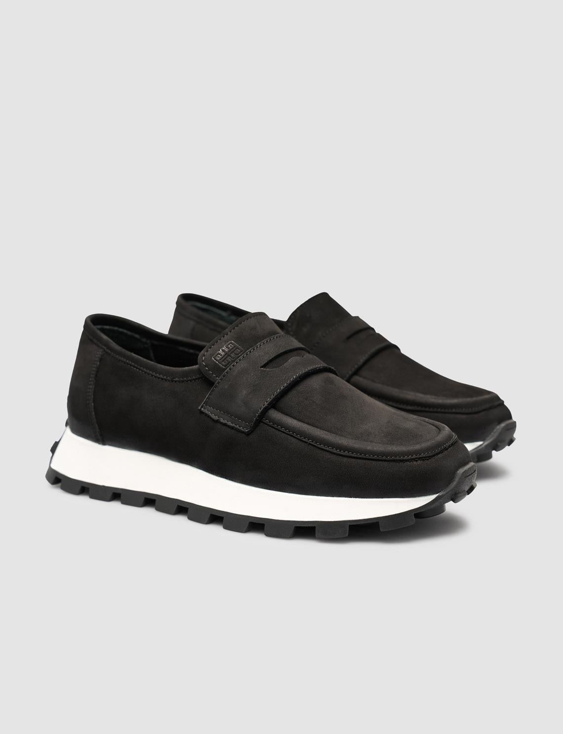 Genuine Nubuck Leather Black Women's Loafer Shoes