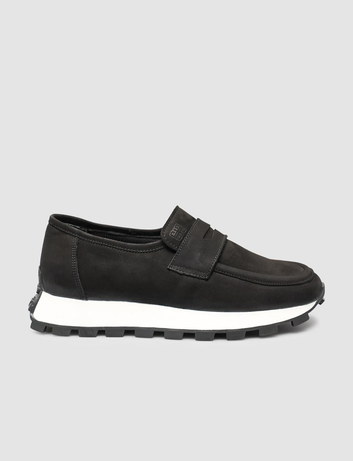 Genuine Nubuck Leather Black Women's Loafer Shoes