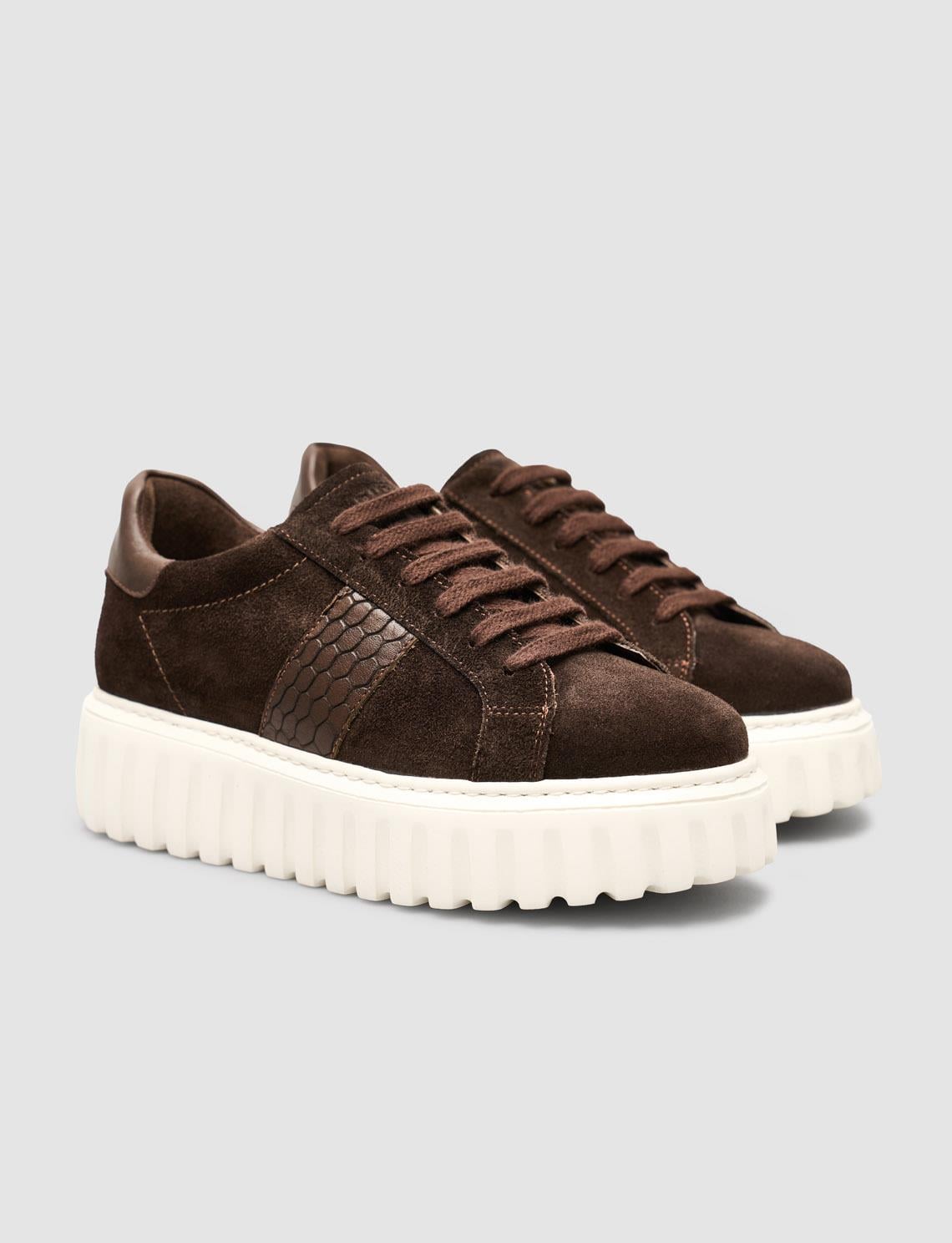 Suede Lace-up Crocodile Brown Women's Sneaker
