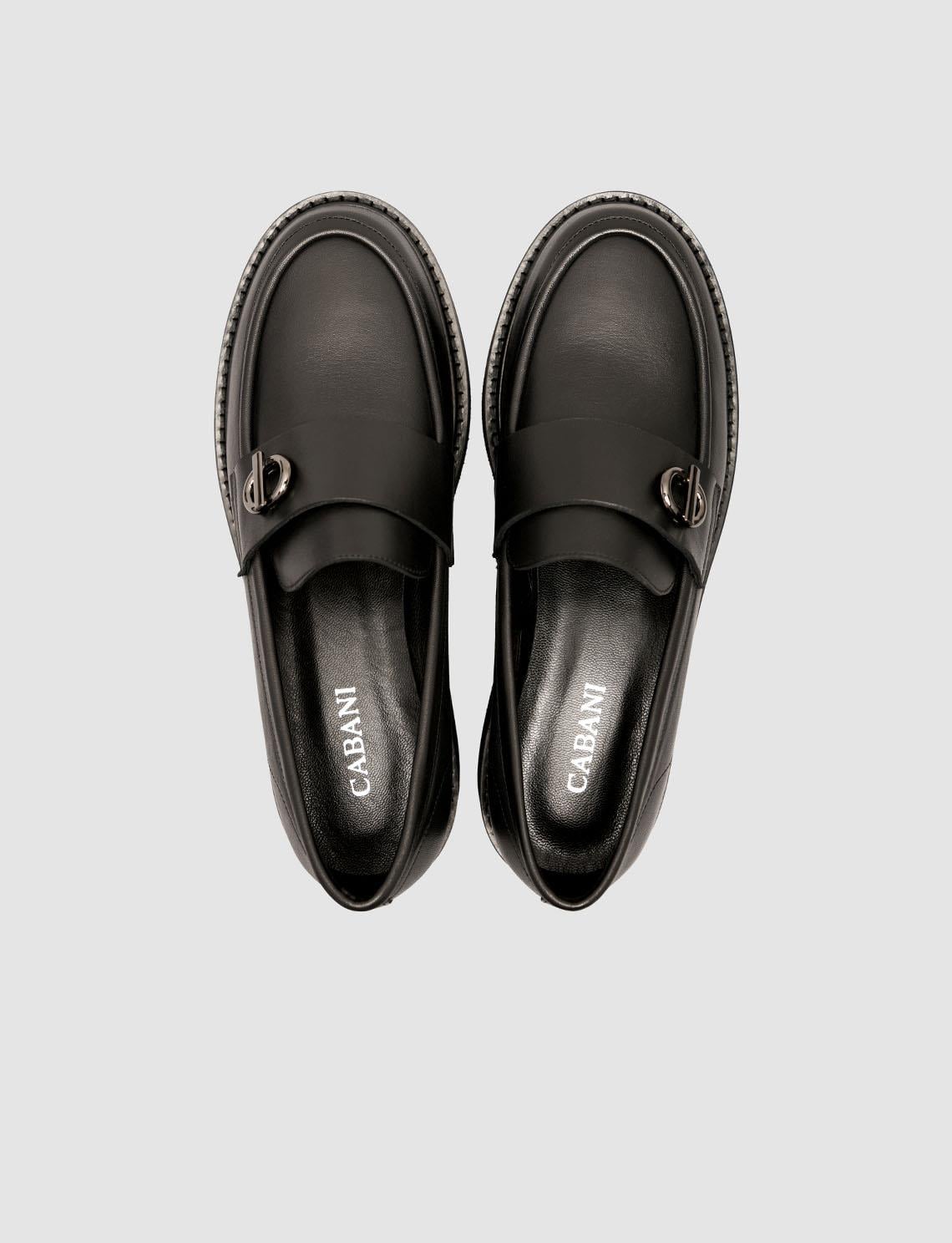 100% Genuine Leather Black Buckle Women's Loafer Shoes