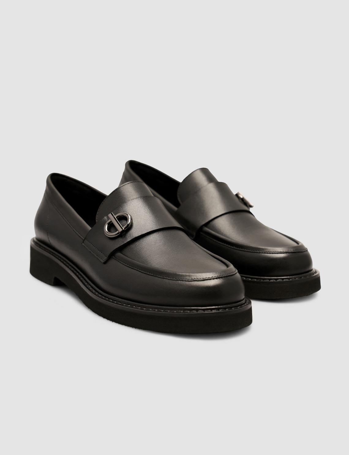 100% Genuine Leather Black Buckle Women's Loafer Shoes