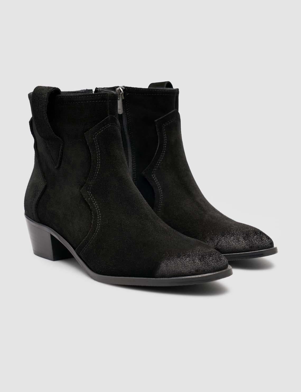 Suede Leather Black Zip-Up Heeled Women's Western Boots