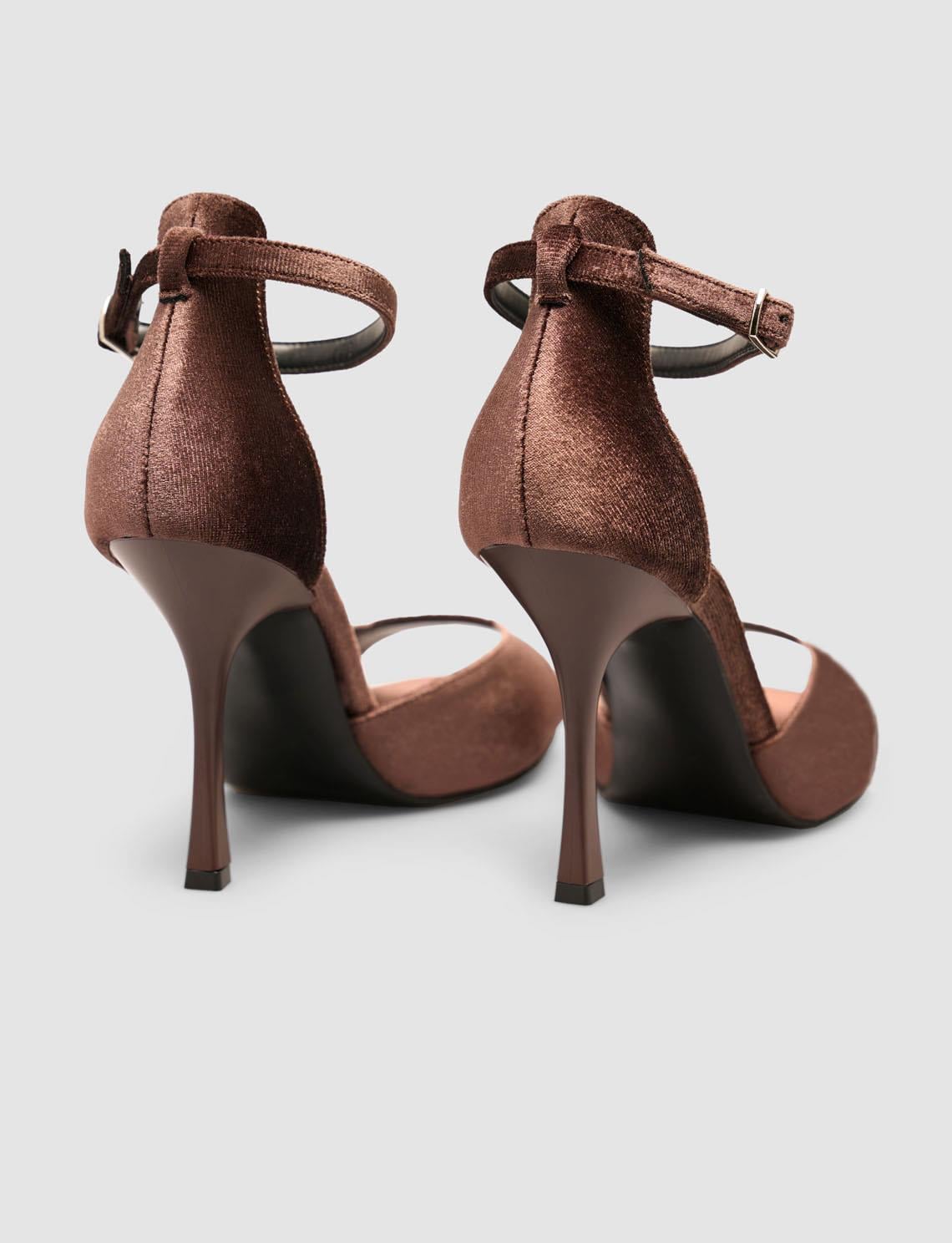 Dark Brown Velvet Ankle Buckle High-Heeled Women's Shoes