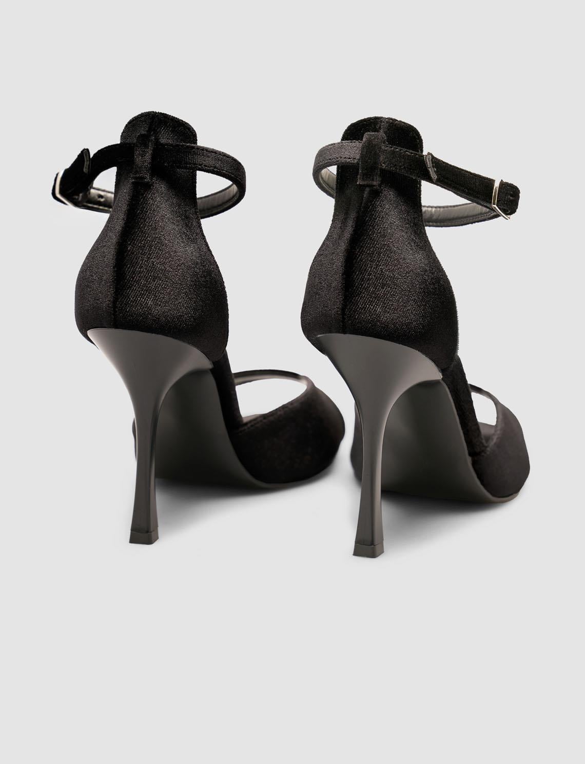 Black Velvet Ankle Buckle High-Heeled Women's Shoes