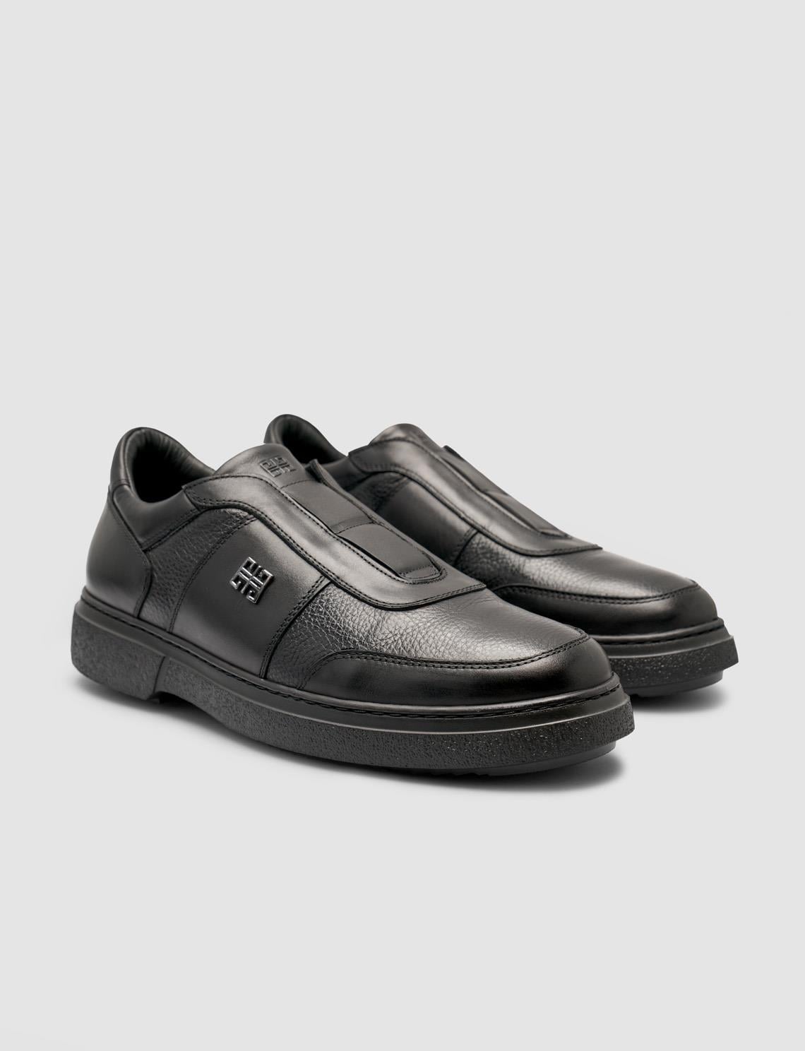 Genuine Leather Fur-Lined Black Men's Athletic Shoes
