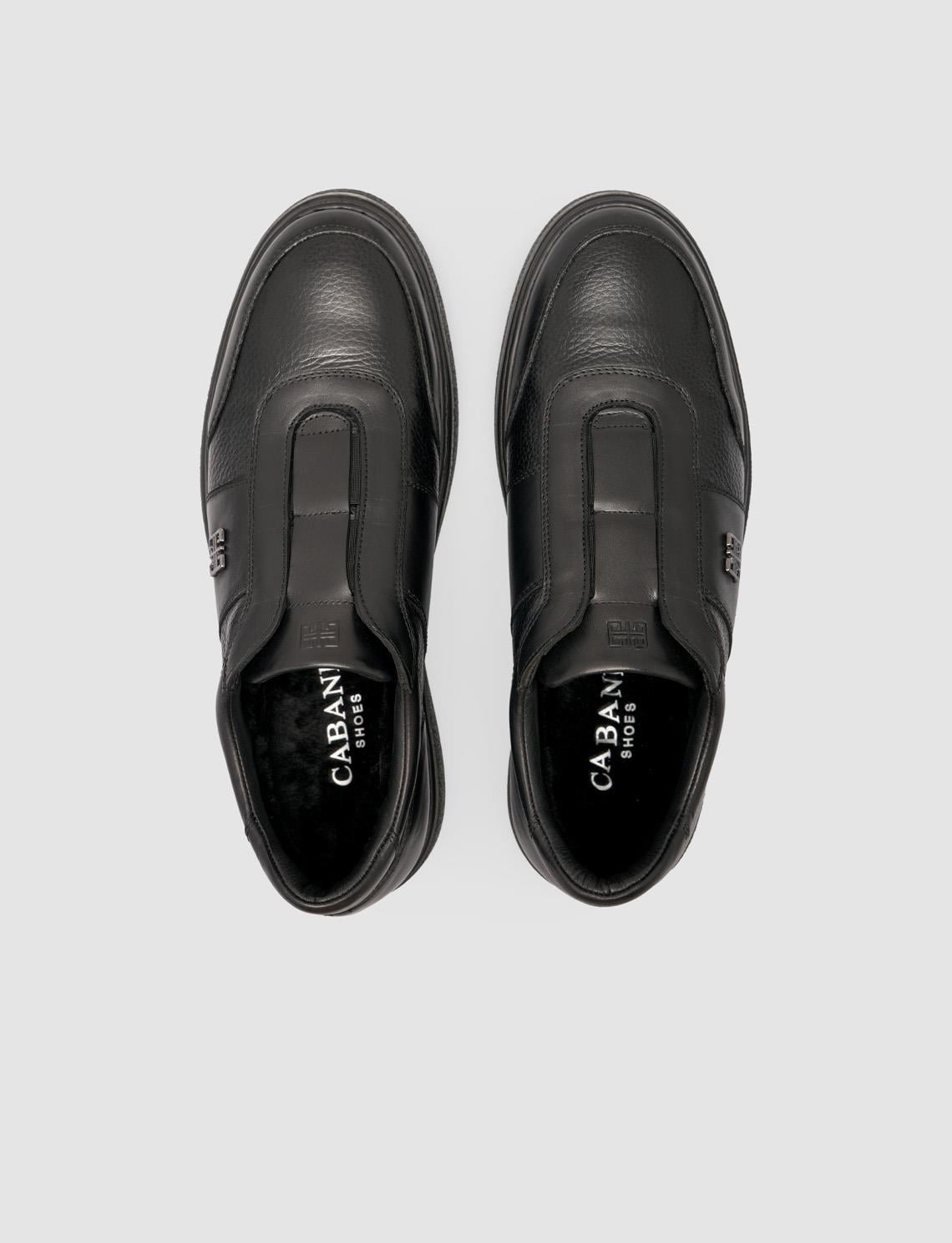 Genuine Leather Fur-Lined Black Men's Athletic Shoes