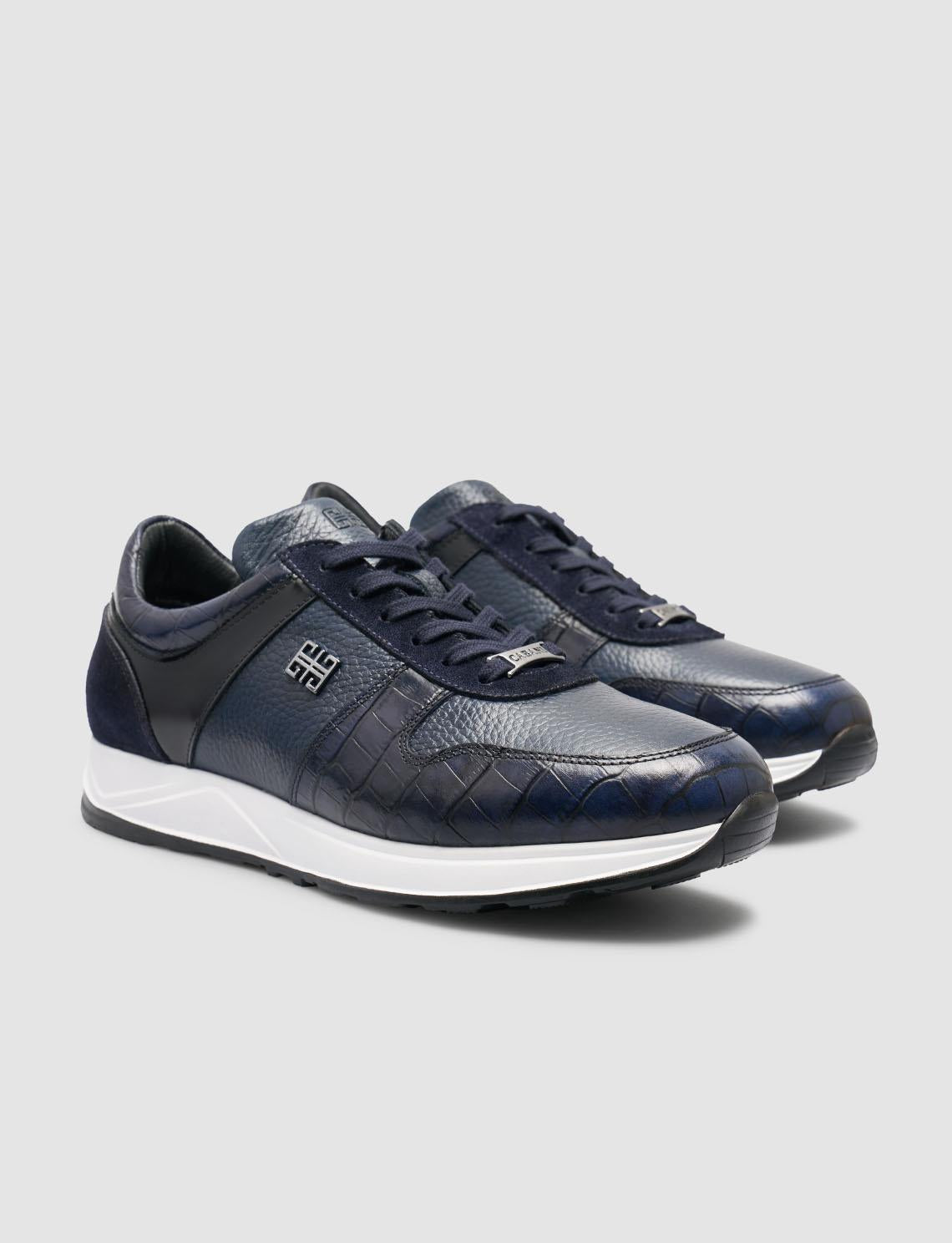 100% Genuine Leather Navy Blue Men's Athletic Shoes