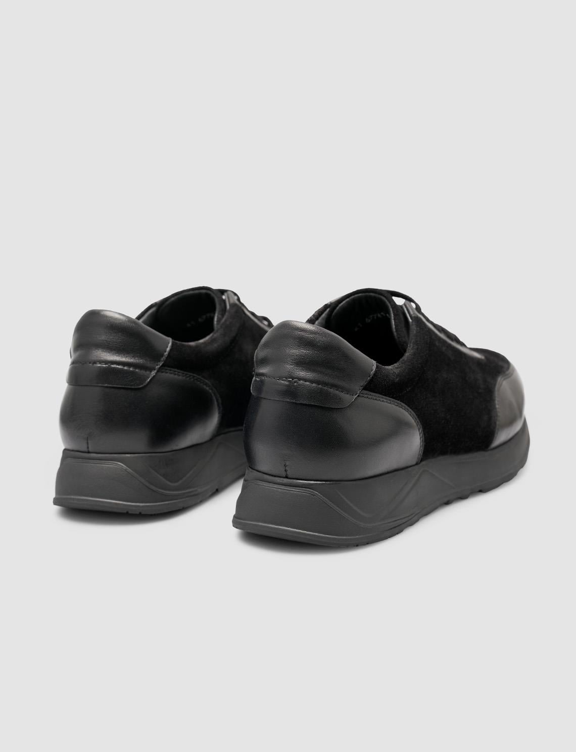 100% Genuine Leather Black Men's Suede Detail Athletic Shoes