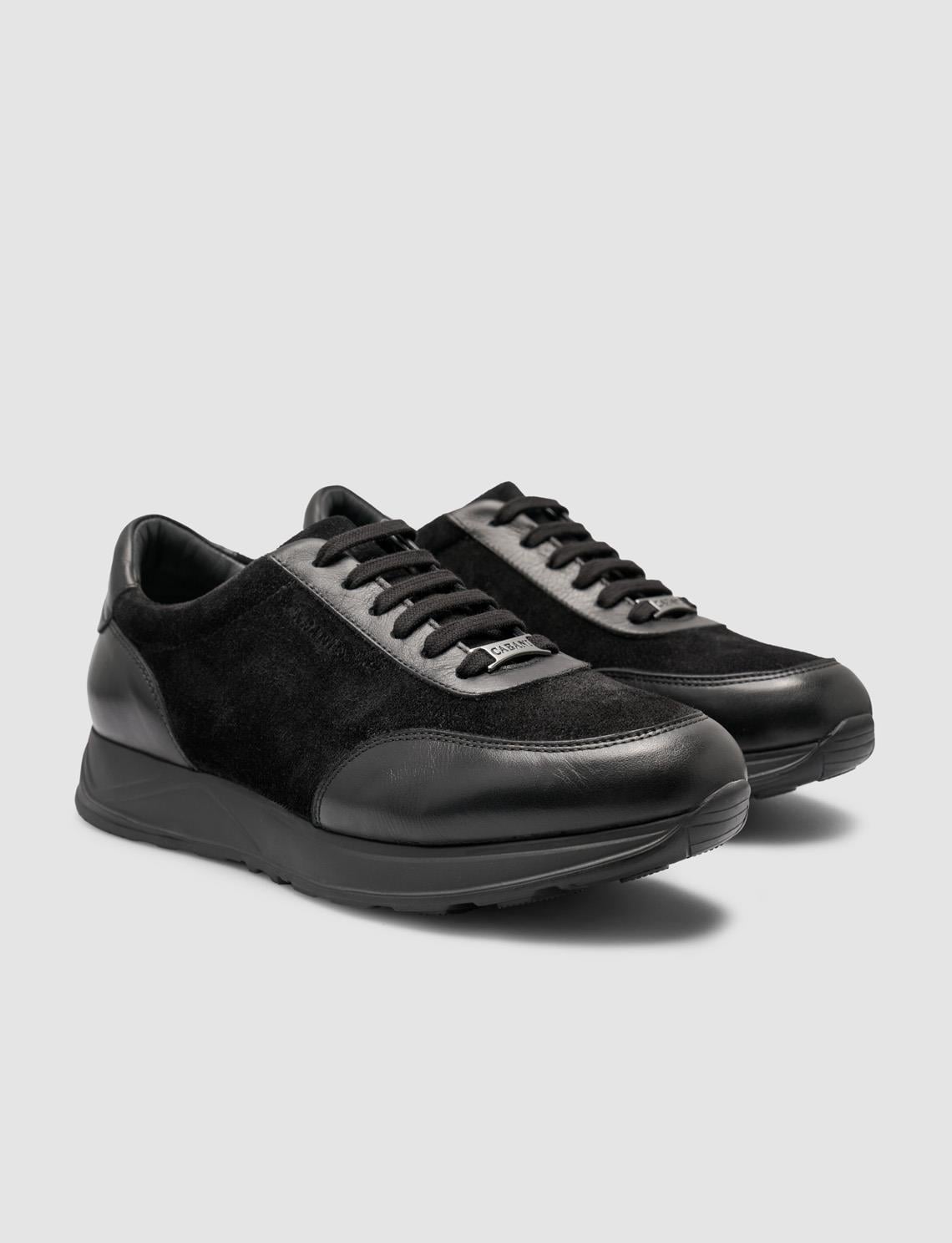 100% Genuine Leather Black Men's Suede Detail Athletic Shoes