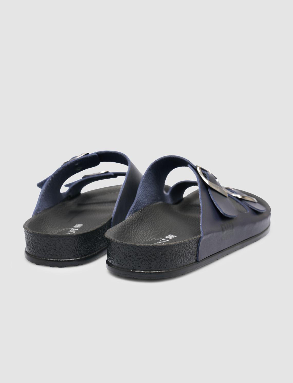 Navy Blue Men's Slippers with Buckle Detail