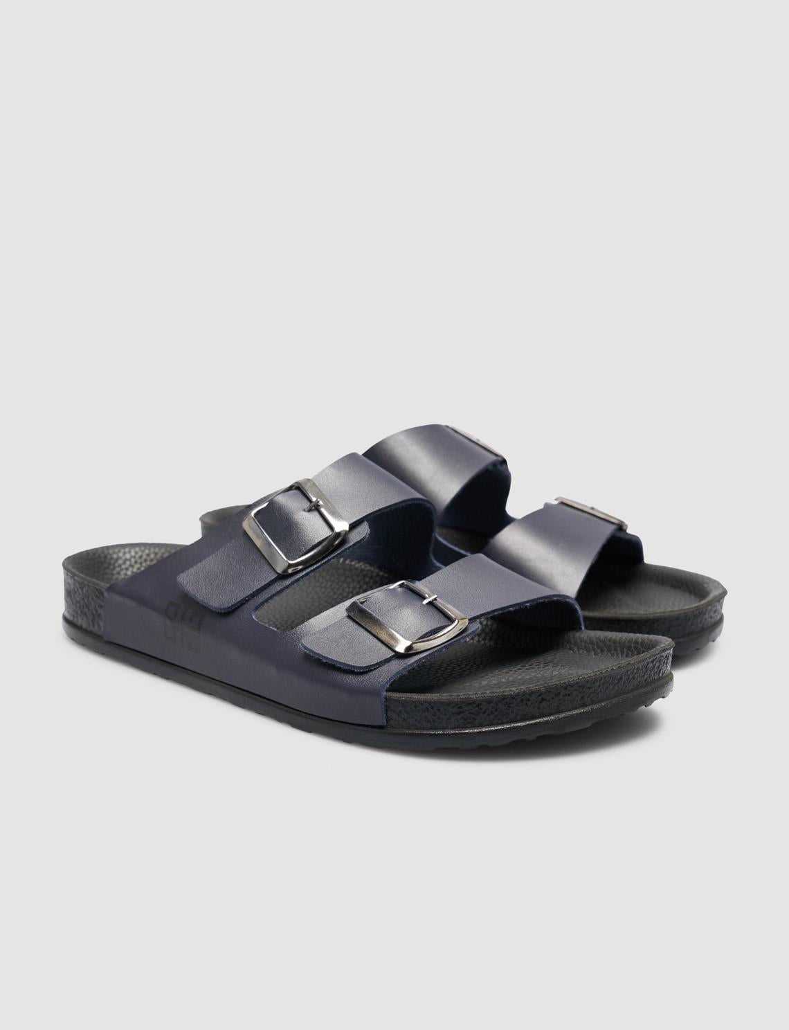 Navy Blue Men's Slippers with Buckle Detail