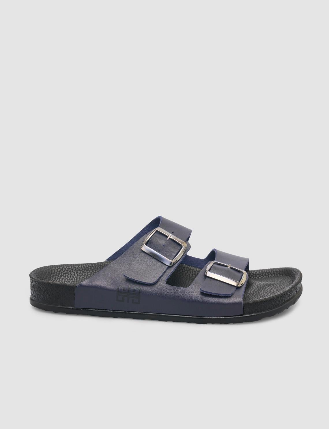 Navy Blue Men's Slippers with Buckle Detail