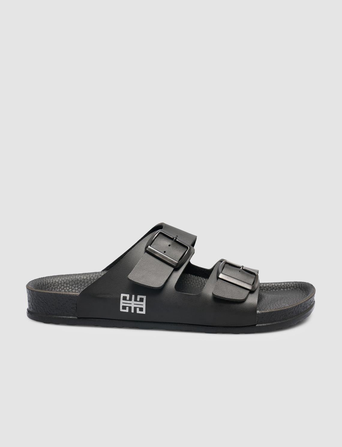 Black Men's Slippers with Buckle Detail