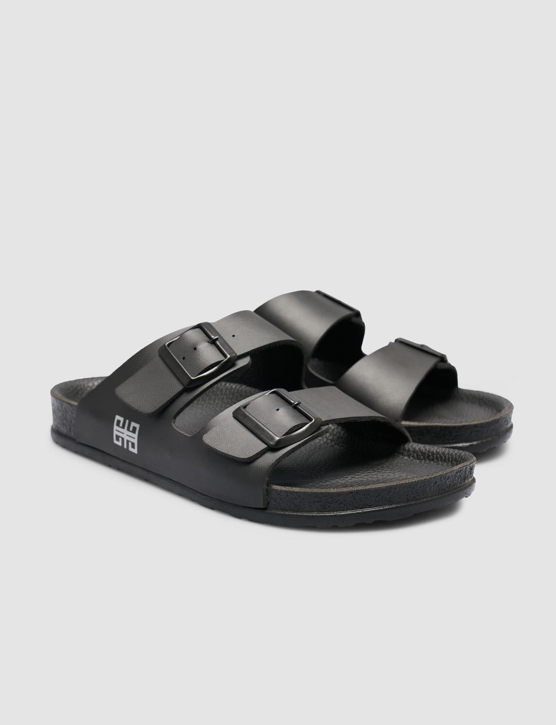 Black Men's Slippers with Buckle Detail