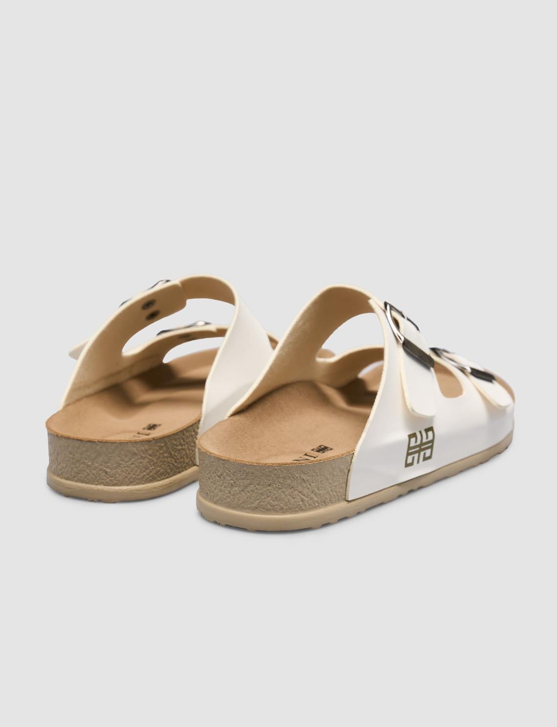 White Women's Slippers with Buckle Detail