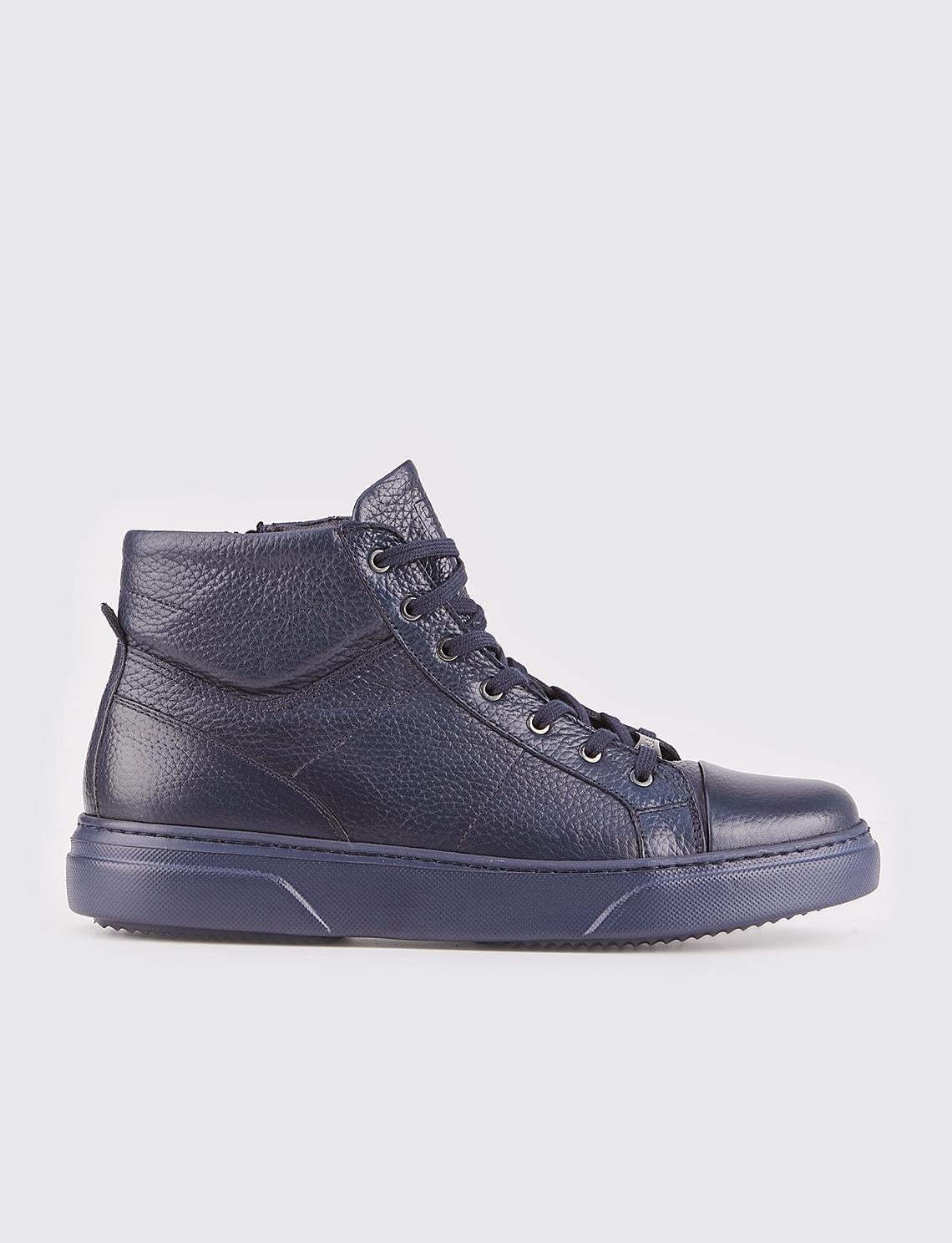 Lace-up and Zippered Genuine Leather Navy Blue Men's Casual Boots