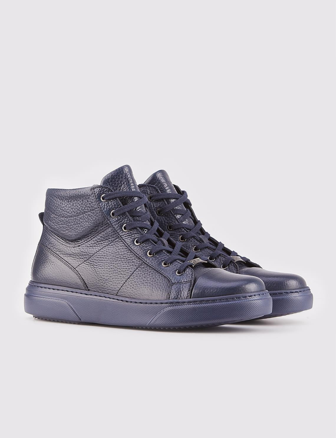 Lace-up and Zippered Genuine Leather Navy Blue Men's Casual Boots