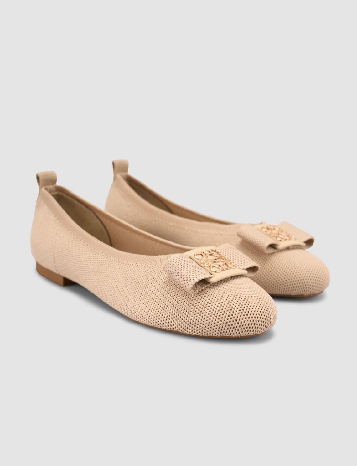 Knitted Buckle Detail Beige Women's Ballet Flats