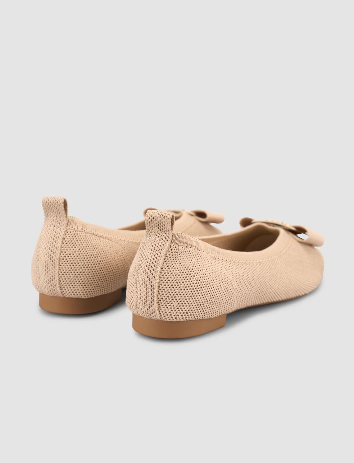 Knitted Buckle Detail Beige Women's Ballet Flats