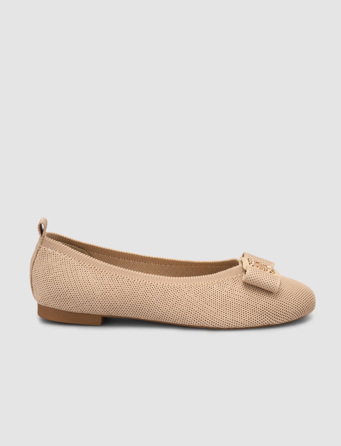 Knitted Buckle Detail Beige Women's Ballet Flats