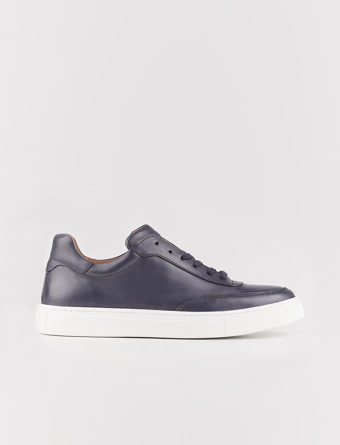 Navy Blue Lace-up Men's Athletic Shoes with White Sole and Genuine Leather