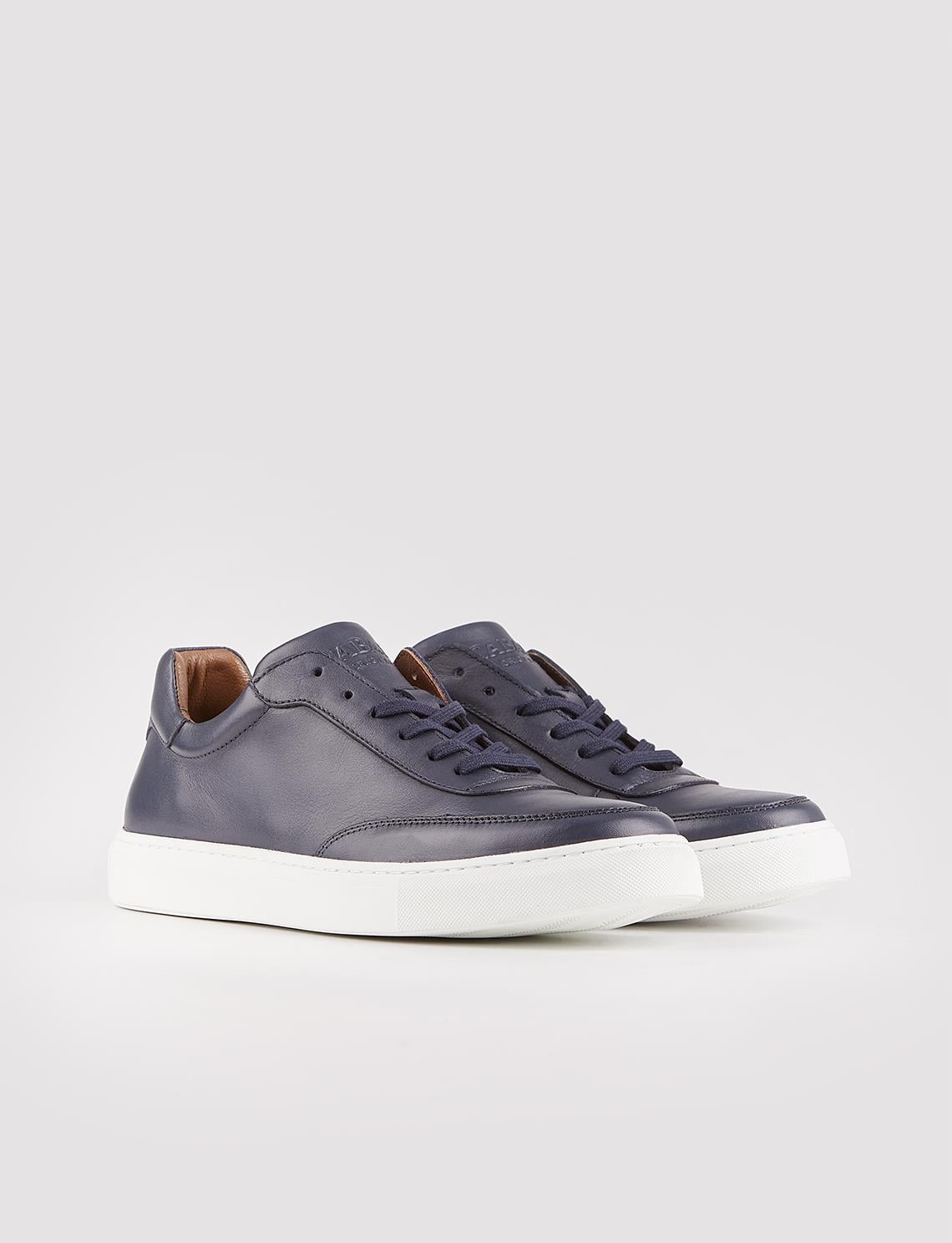Navy Blue Lace-up Men's Athletic Shoes with White Sole and Genuine Leather