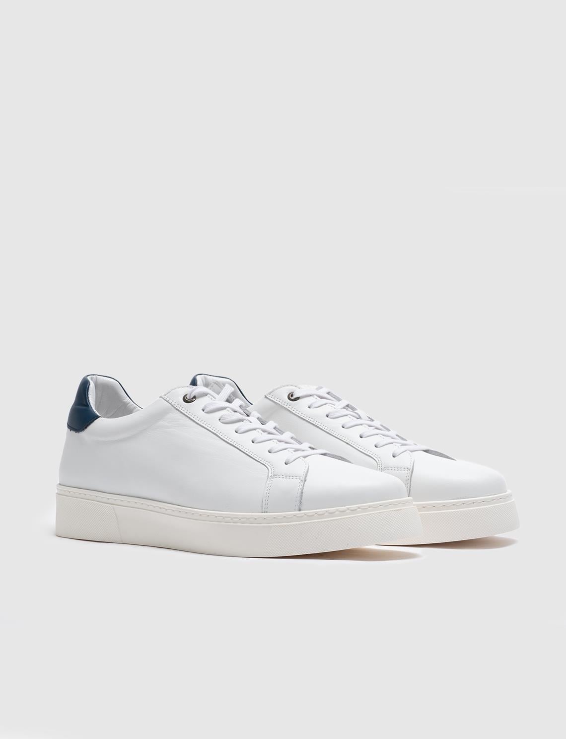 Men's Casual Sports Shoes with Blue Ankle Detail, Genuine Leather, and White Laces