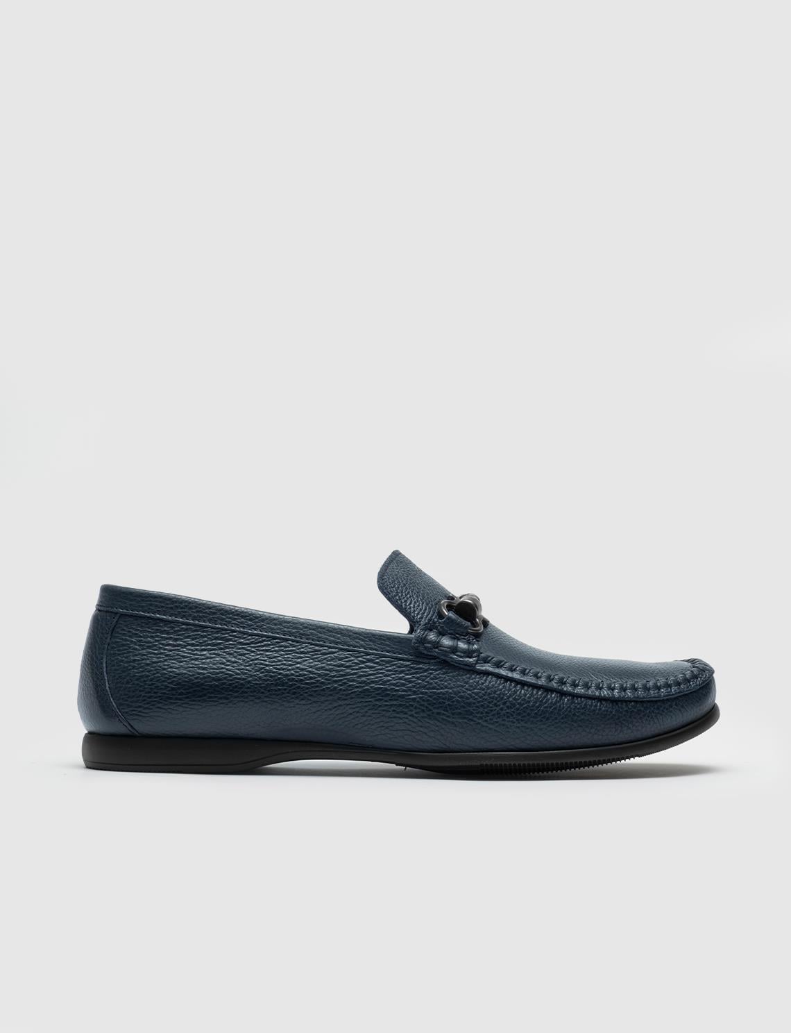 Genuine Leather Navy Blue Men's Loafer Shoes with Stitching Detail